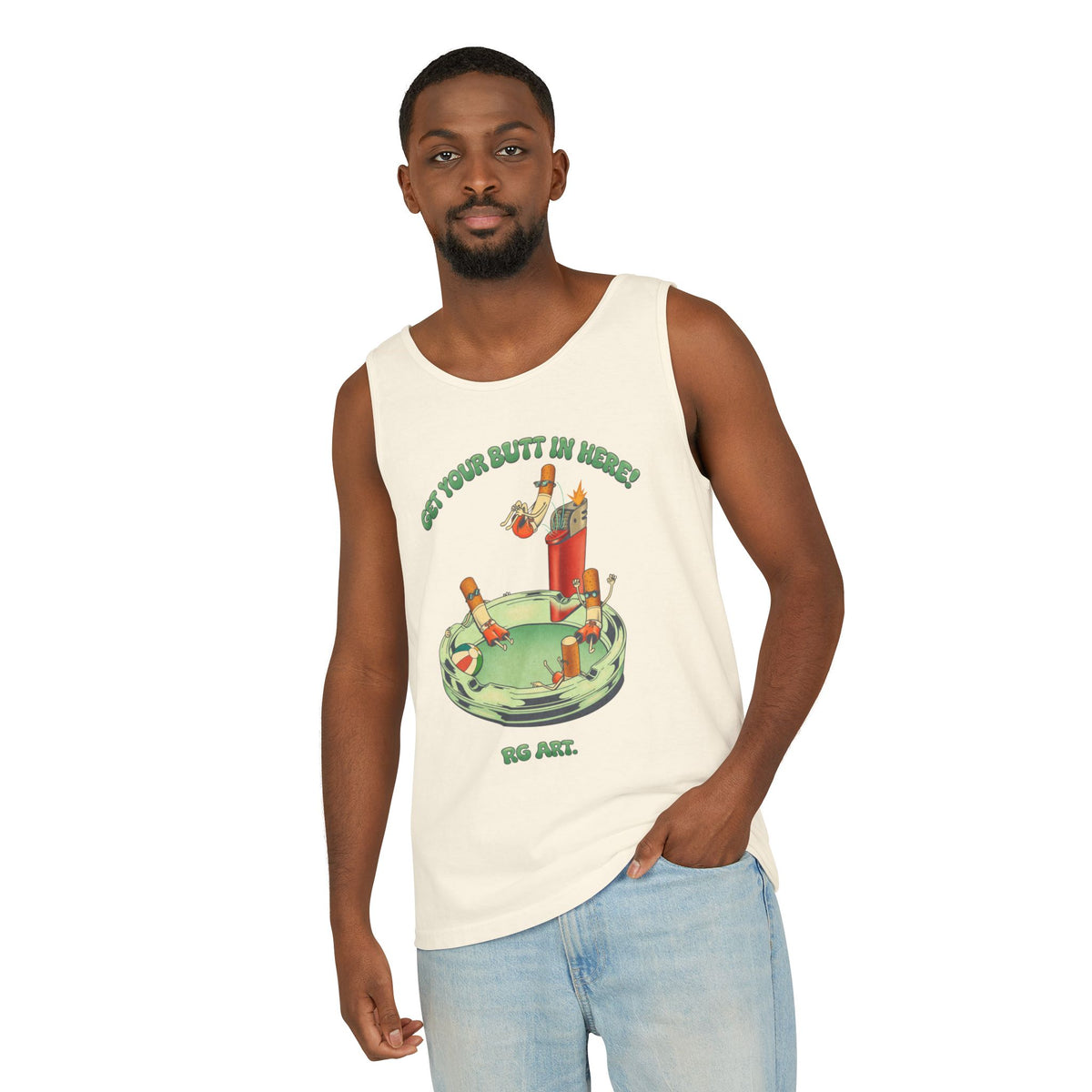 Tank Top — Retro Cocktail Ashtray Graphic "Get Your Butt in Here" Summer Tank